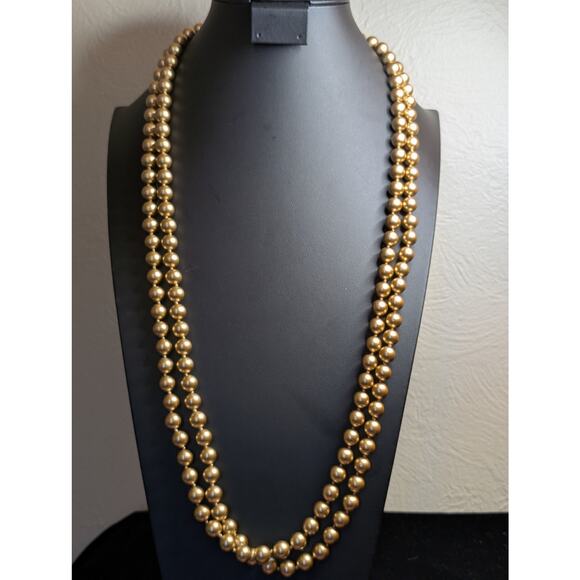70" Single Strand Individually Knotted Gold Color 8mm Faux Pearl Bead Necklace - Picture 5 of 5